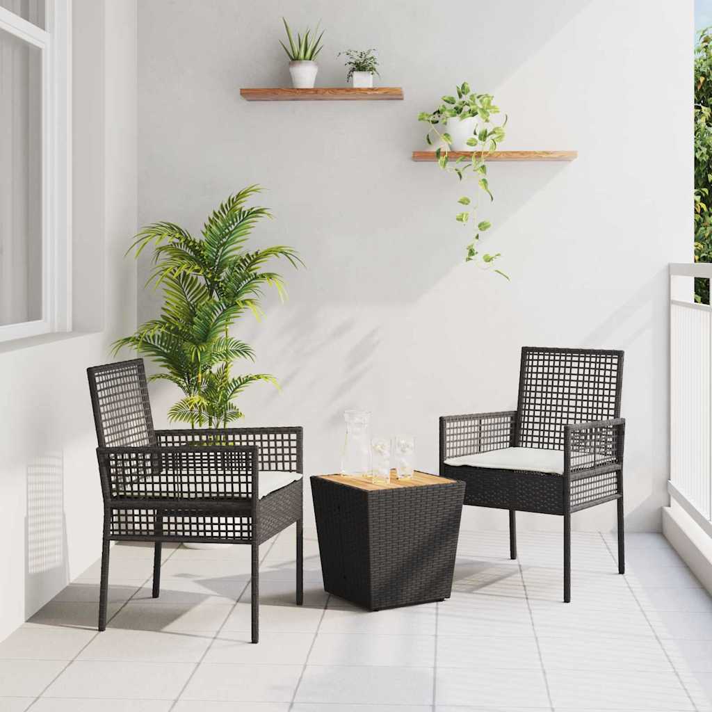 3-tlg. Garten-Bistroset mit Kissen Schwarz Poly Rattan