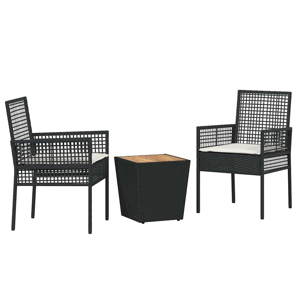 3-tlg. Garten-Bistroset mit Kissen Schwarz Poly Rattan