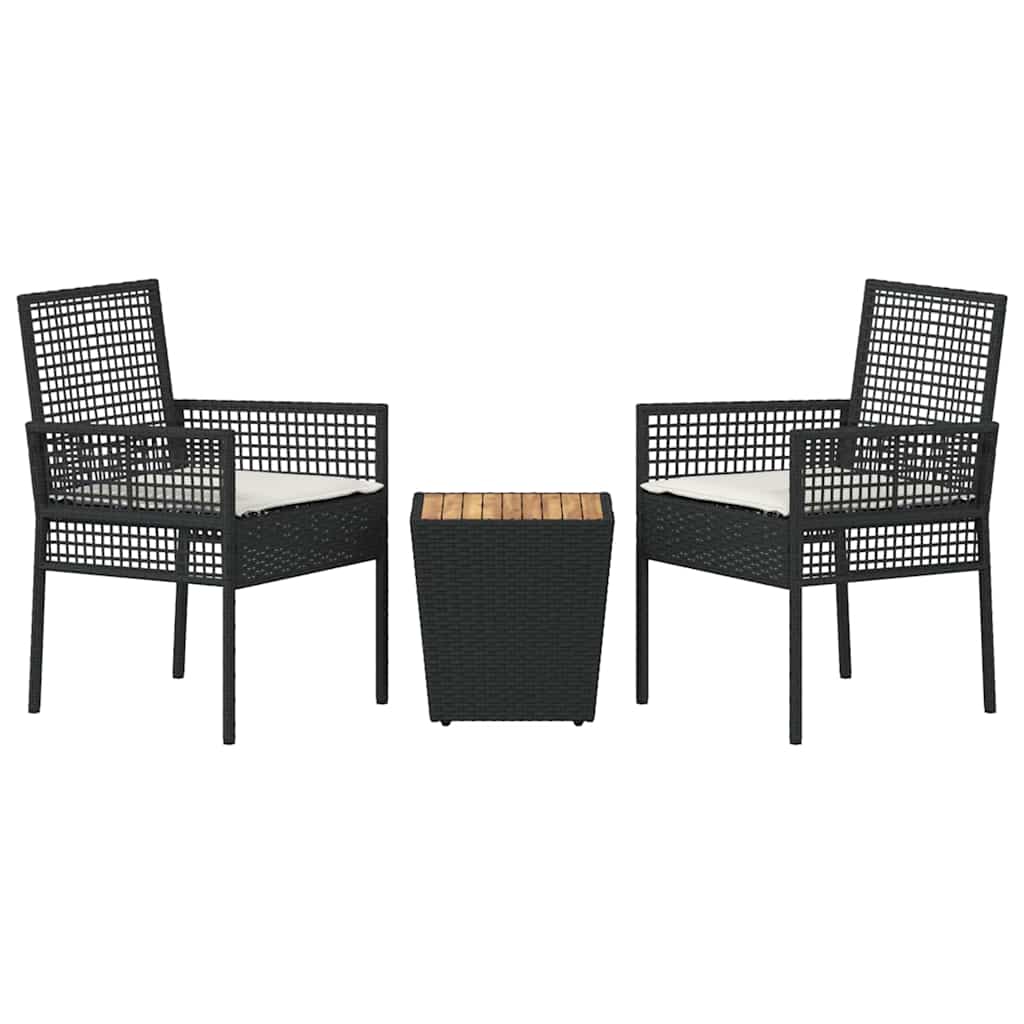 3-tlg. Garten-Bistroset mit Kissen Schwarz Poly Rattan