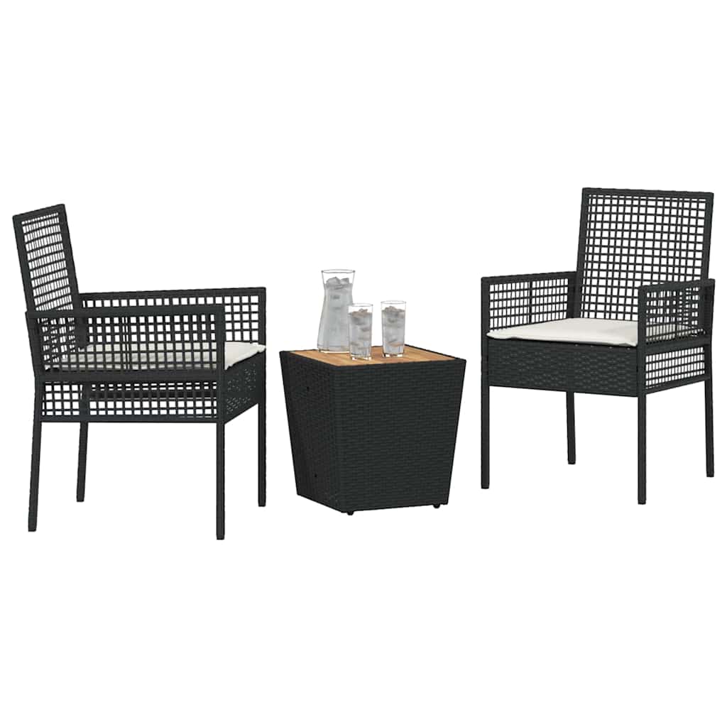 3-tlg. Garten-Bistroset mit Kissen Schwarz Poly Rattan