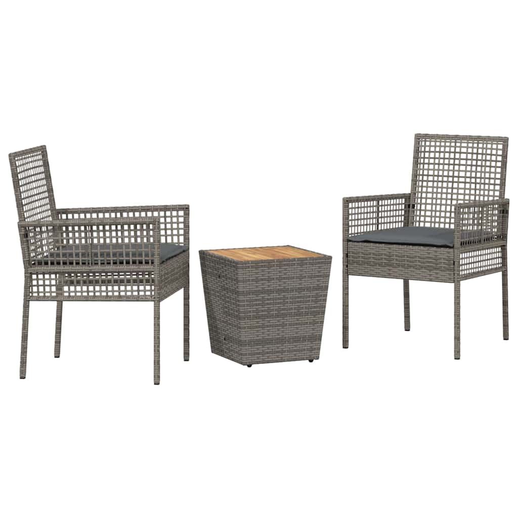 3-tlg. Garten-Bistroset mit Kissen Grau Poly Rattan