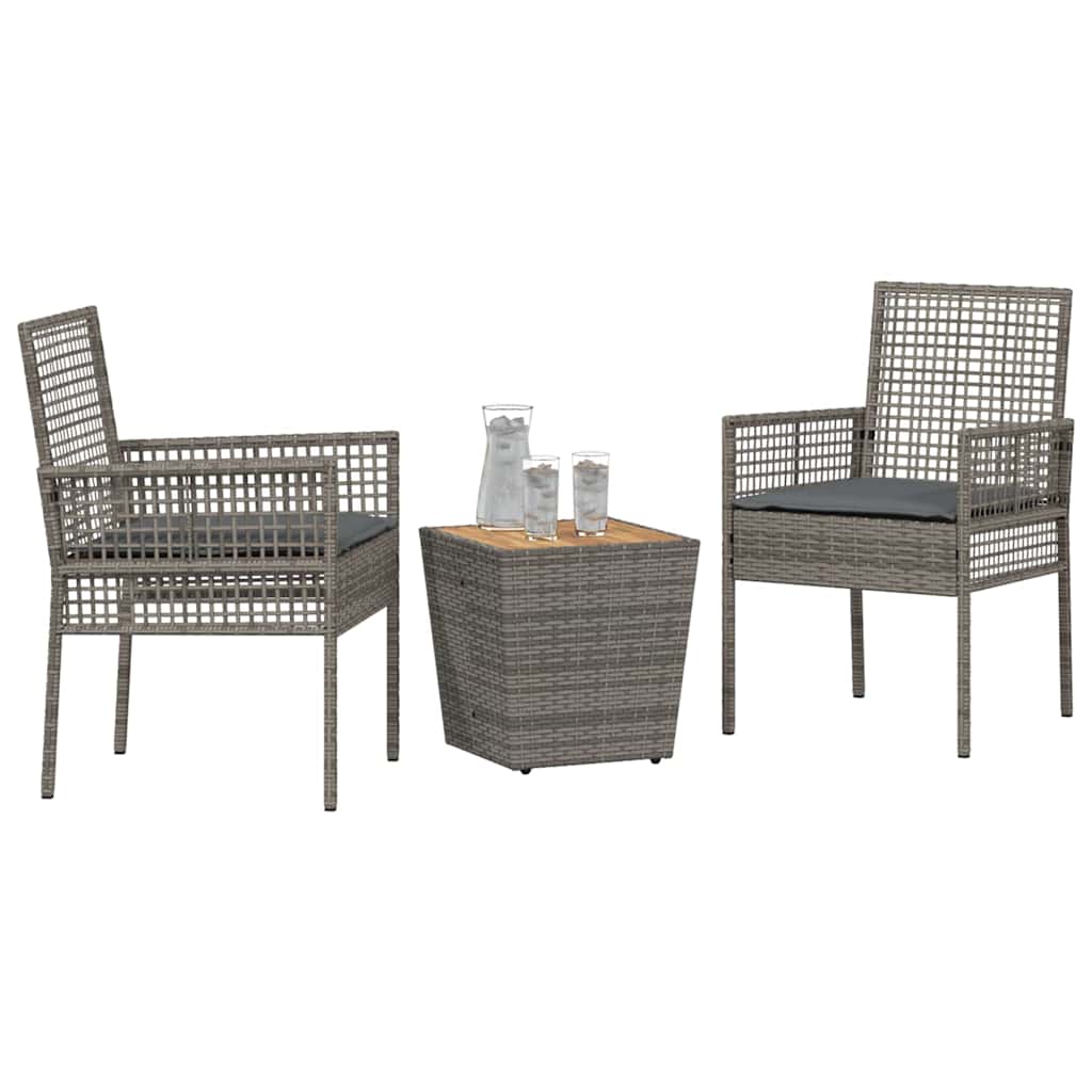 3-tlg. Garten-Bistroset mit Kissen Grau Poly Rattan