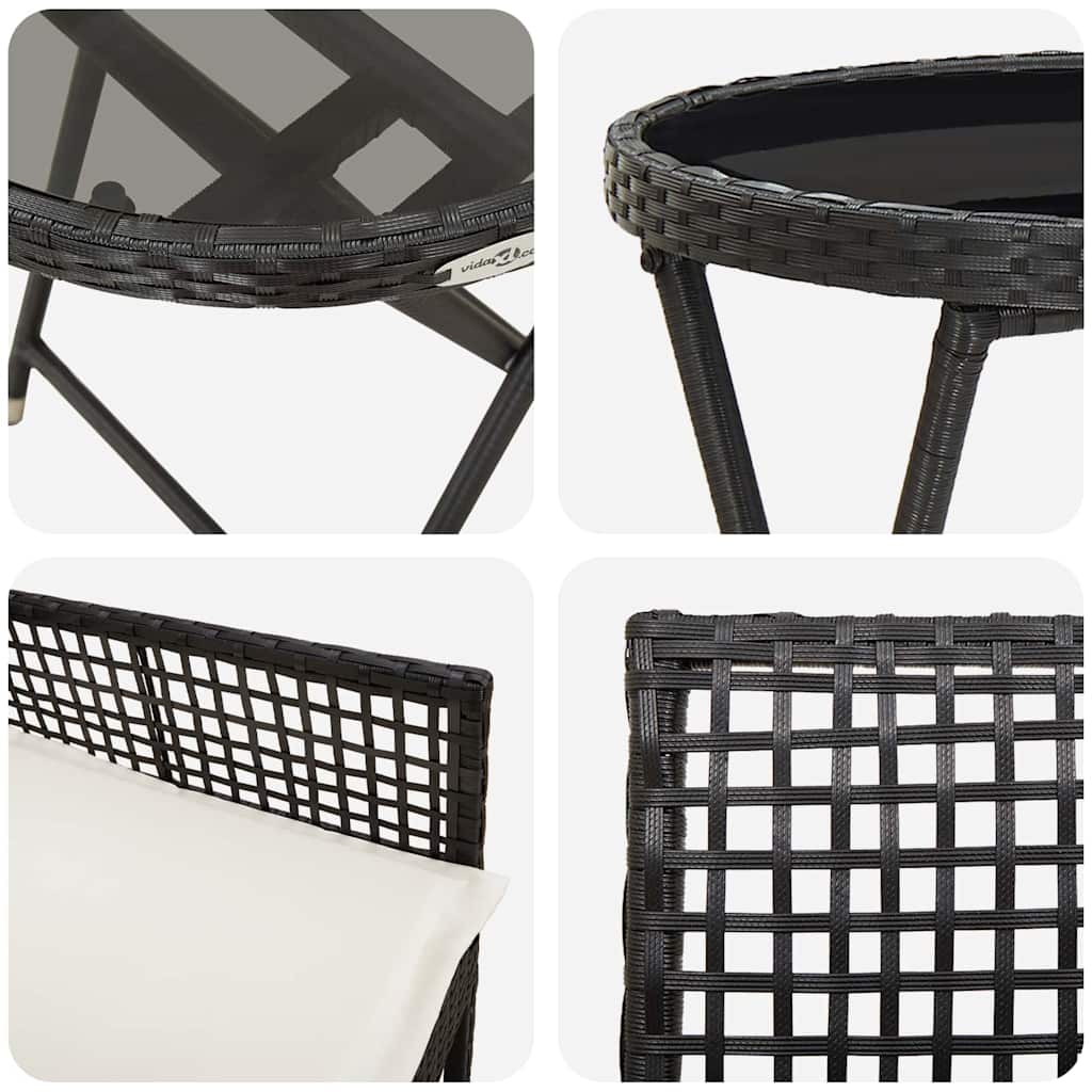 3-tlg. Garten-Bistroset mit Kissen Schwarz Poly Rattan