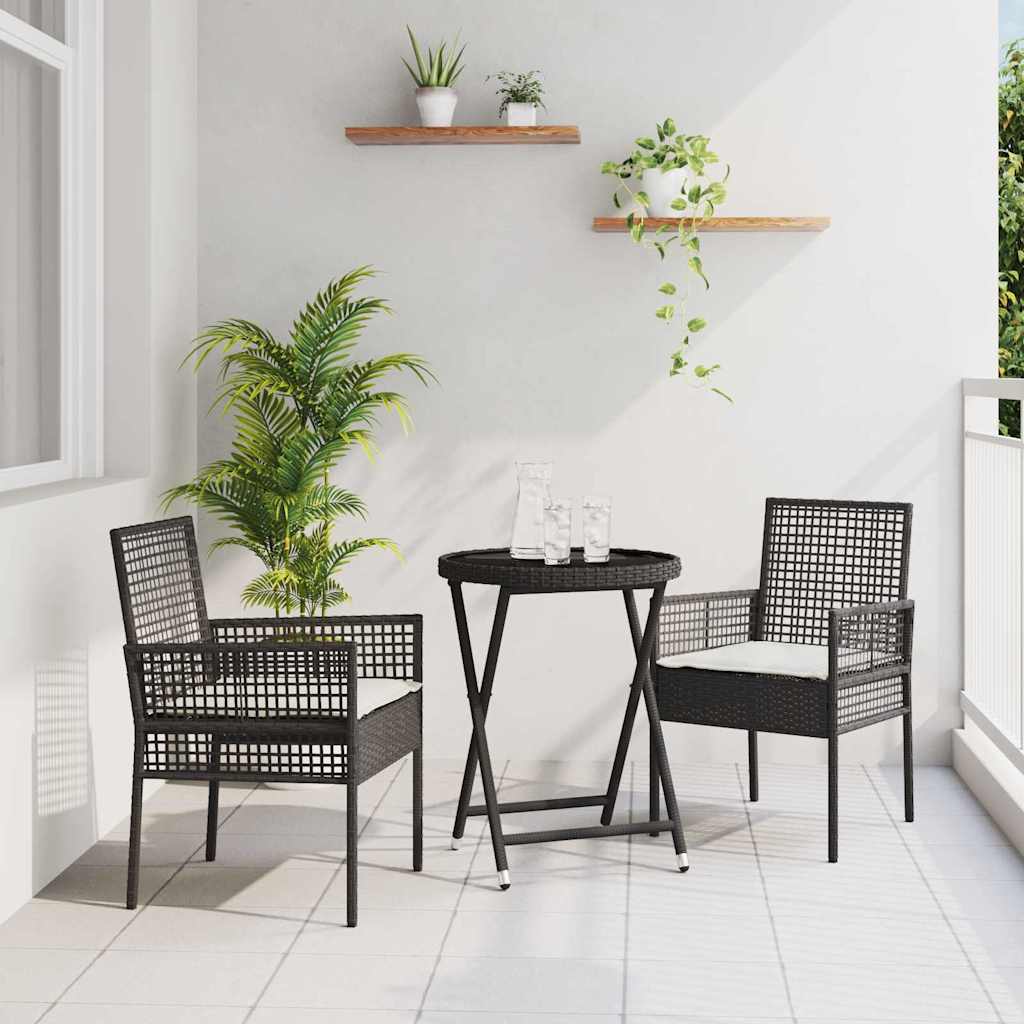 3-tlg. Garten-Bistroset mit Kissen Schwarz Poly Rattan