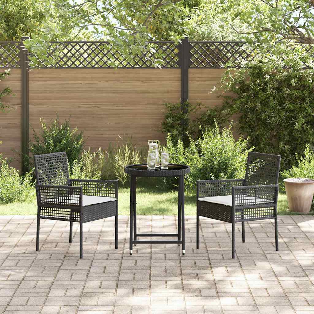 3-tlg. Garten-Bistroset mit Kissen Schwarz Poly Rattan