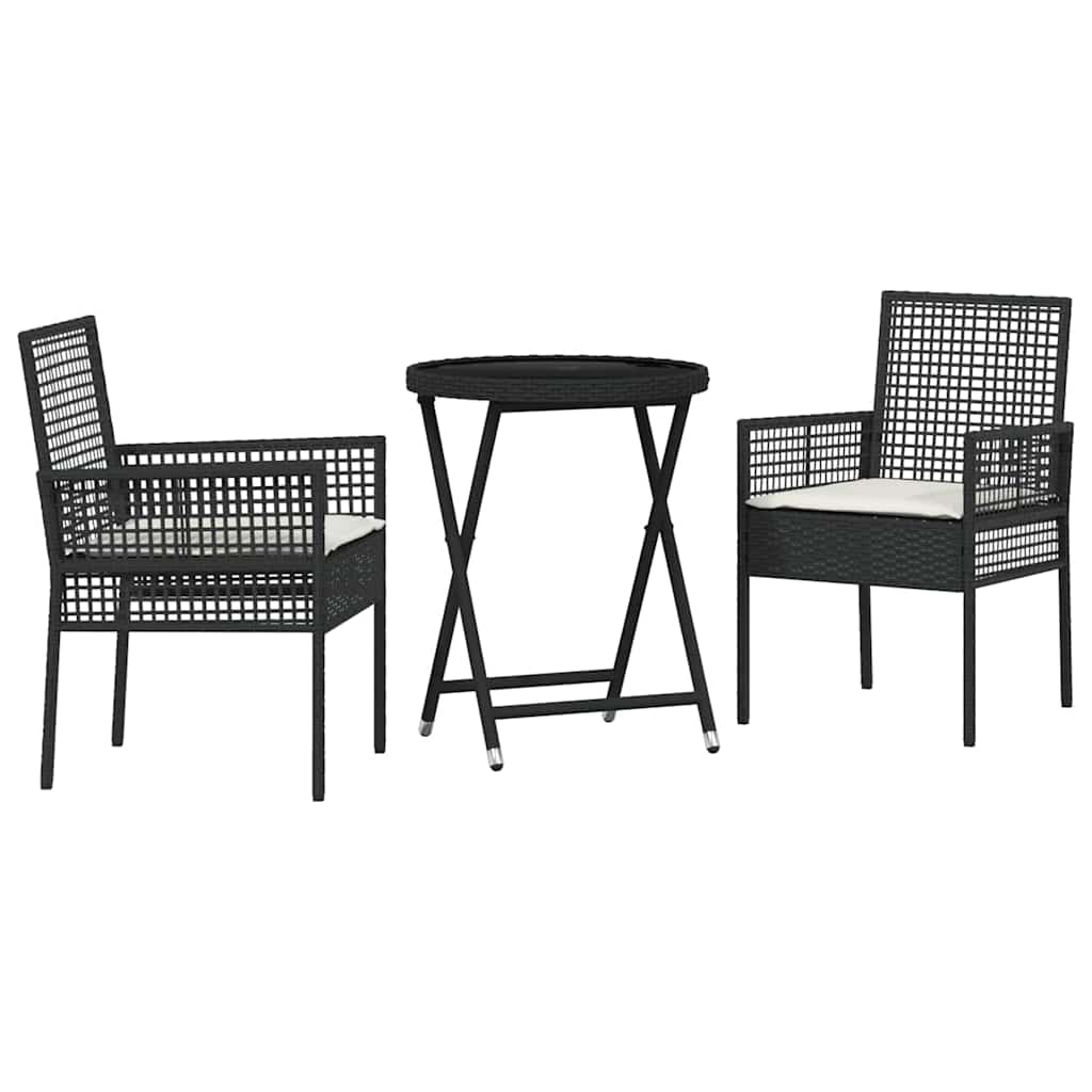 3-tlg. Garten-Bistroset mit Kissen Schwarz Poly Rattan