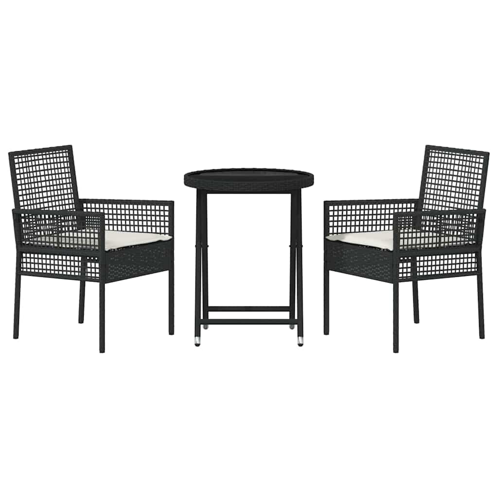 3-tlg. Garten-Bistroset mit Kissen Schwarz Poly Rattan