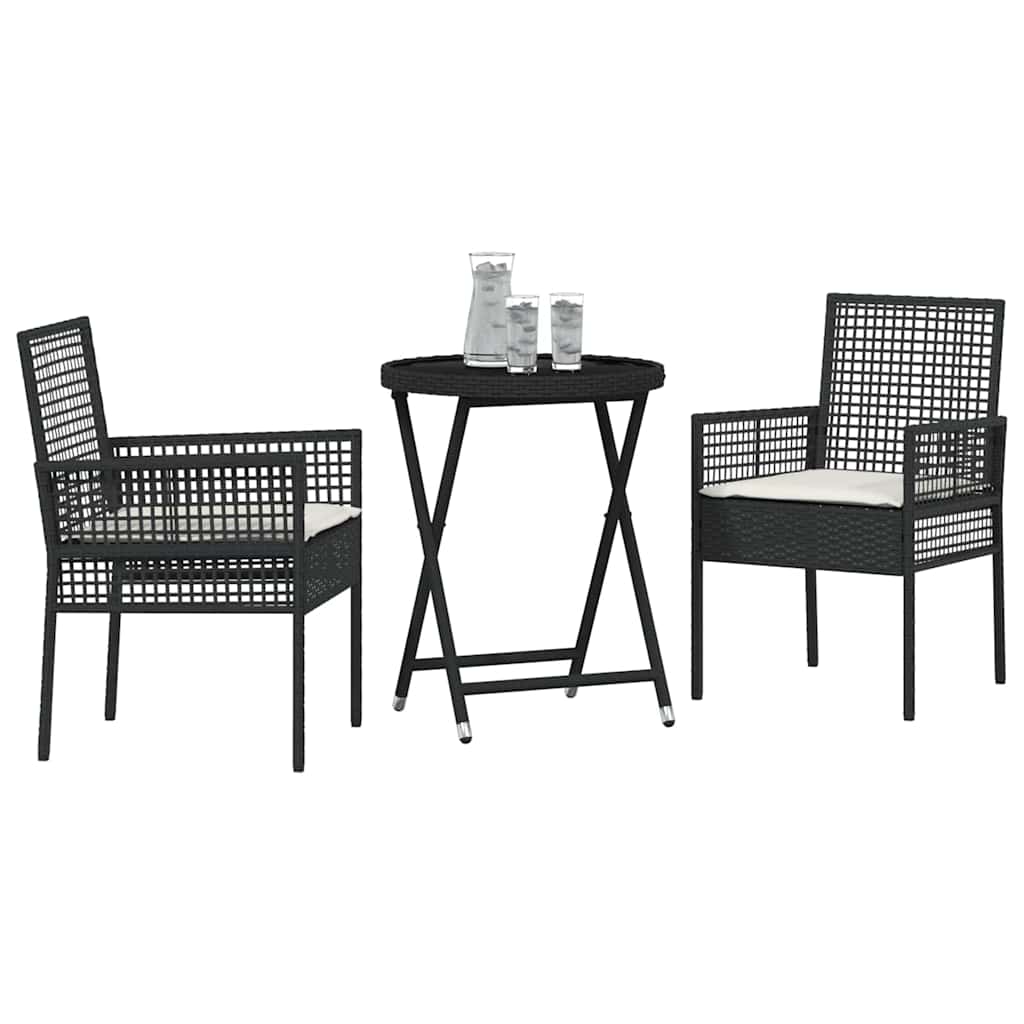 3-tlg. Garten-Bistroset mit Kissen Schwarz Poly Rattan