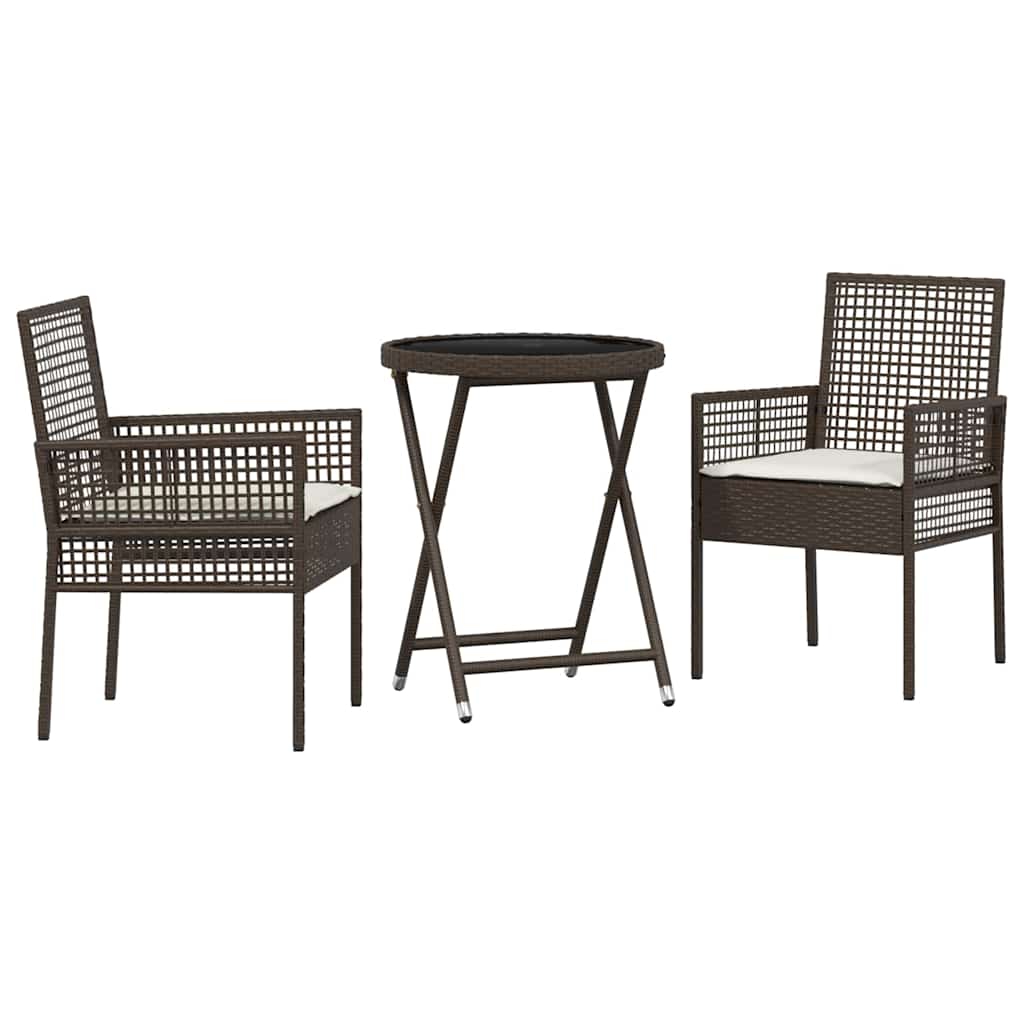 3-tlg. Garten-Bistroset mit Kissen Braun Poly Rattan