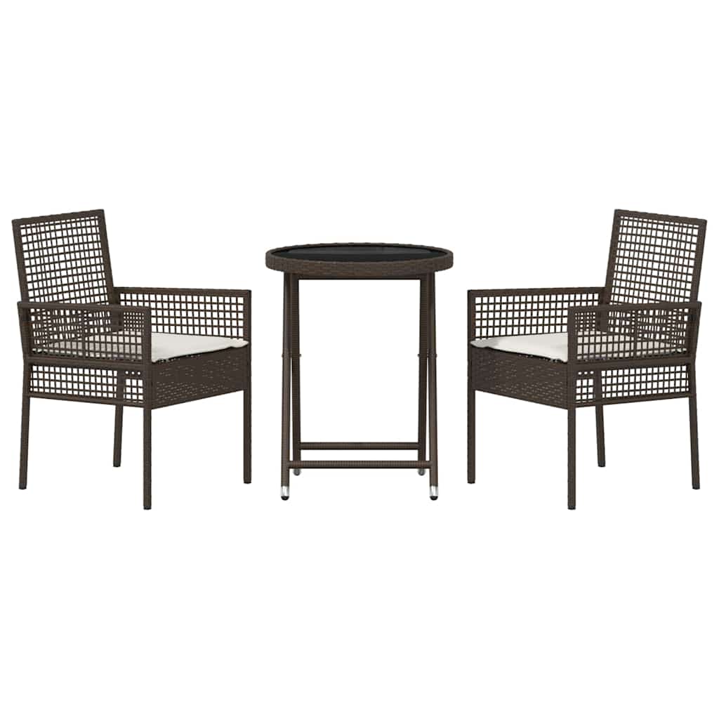 3-tlg. Garten-Bistroset mit Kissen Braun Poly Rattan