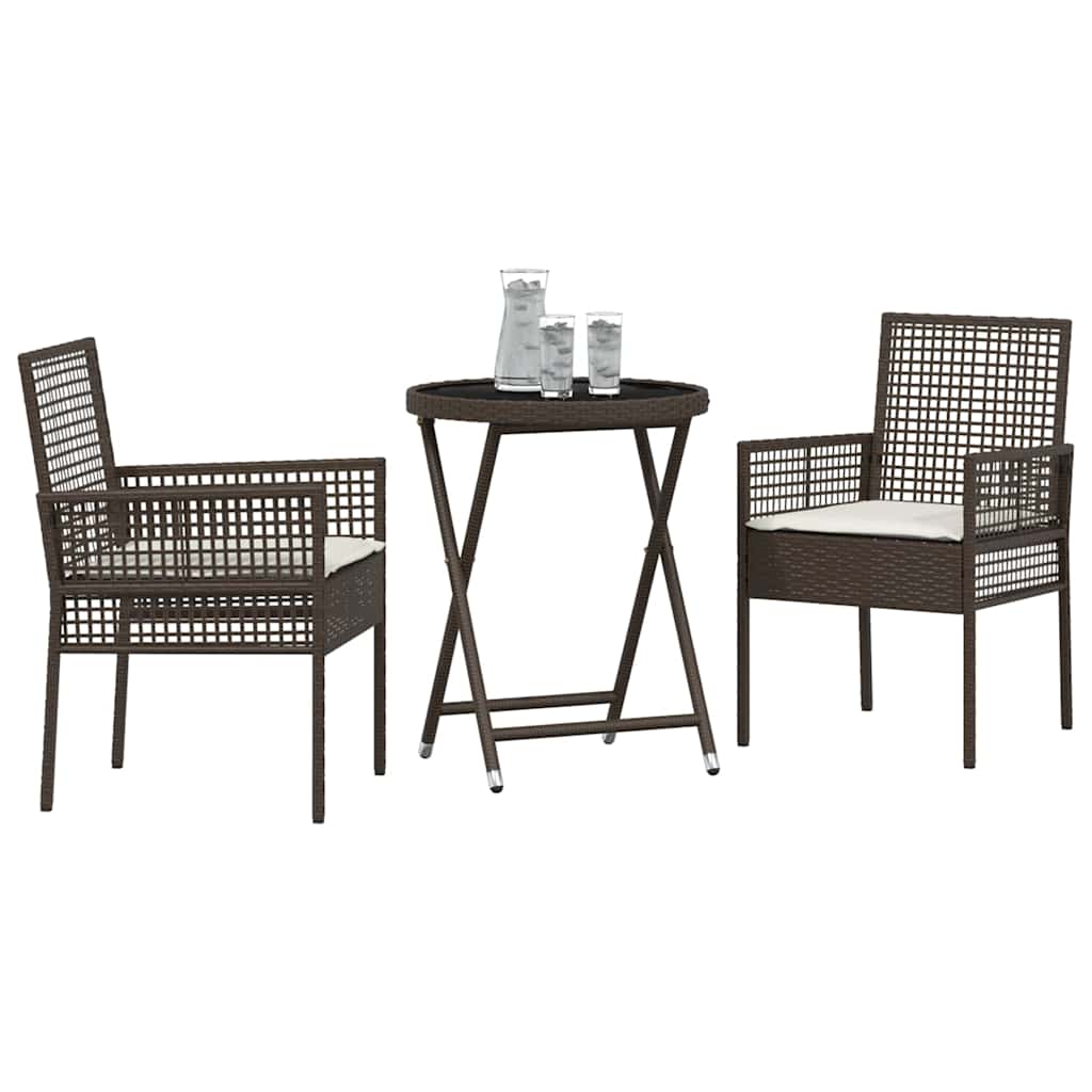 3-tlg. Garten-Bistroset mit Kissen Braun Poly Rattan