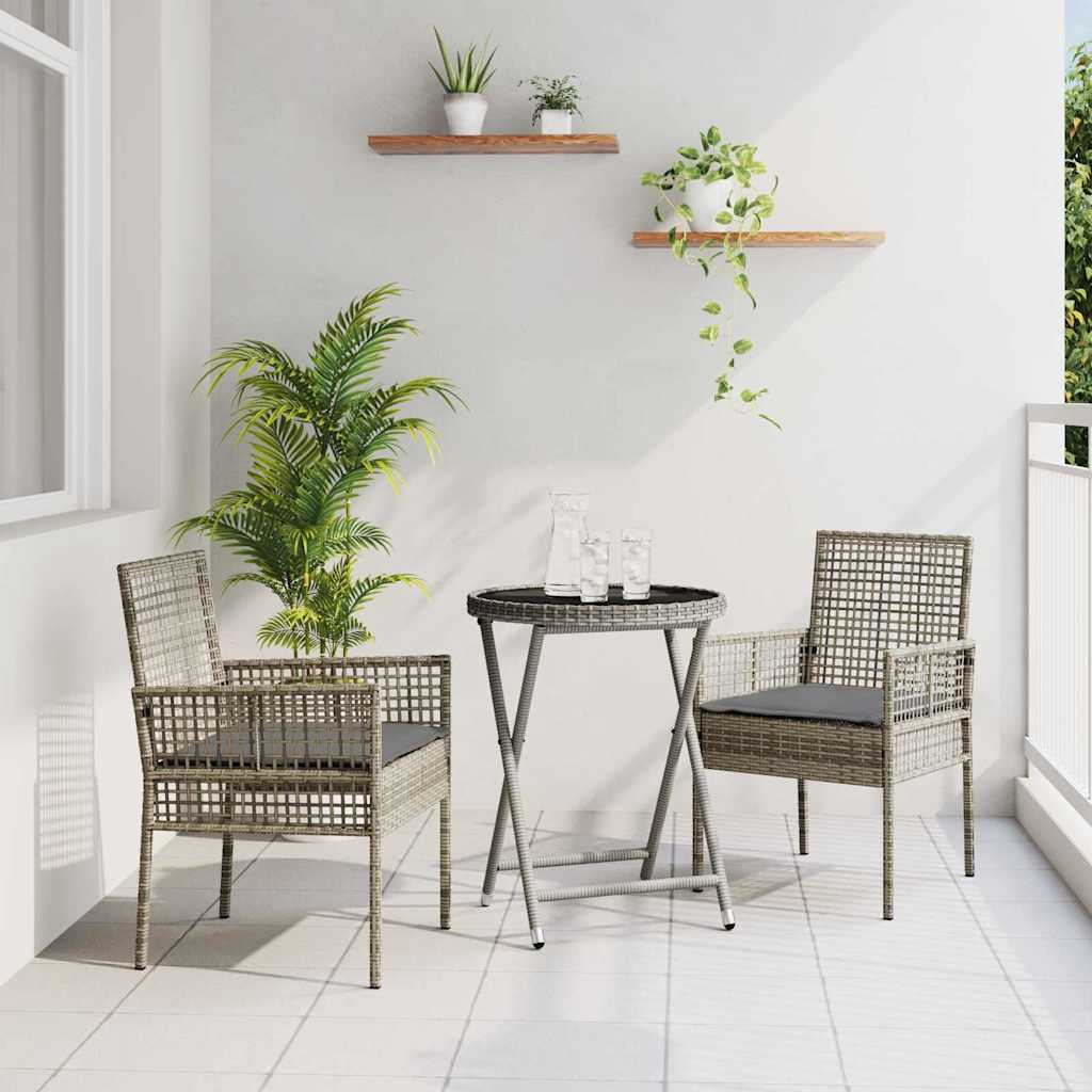 3-tlg. Garten-Bistroset mit Kissen Grau Poly Rattan