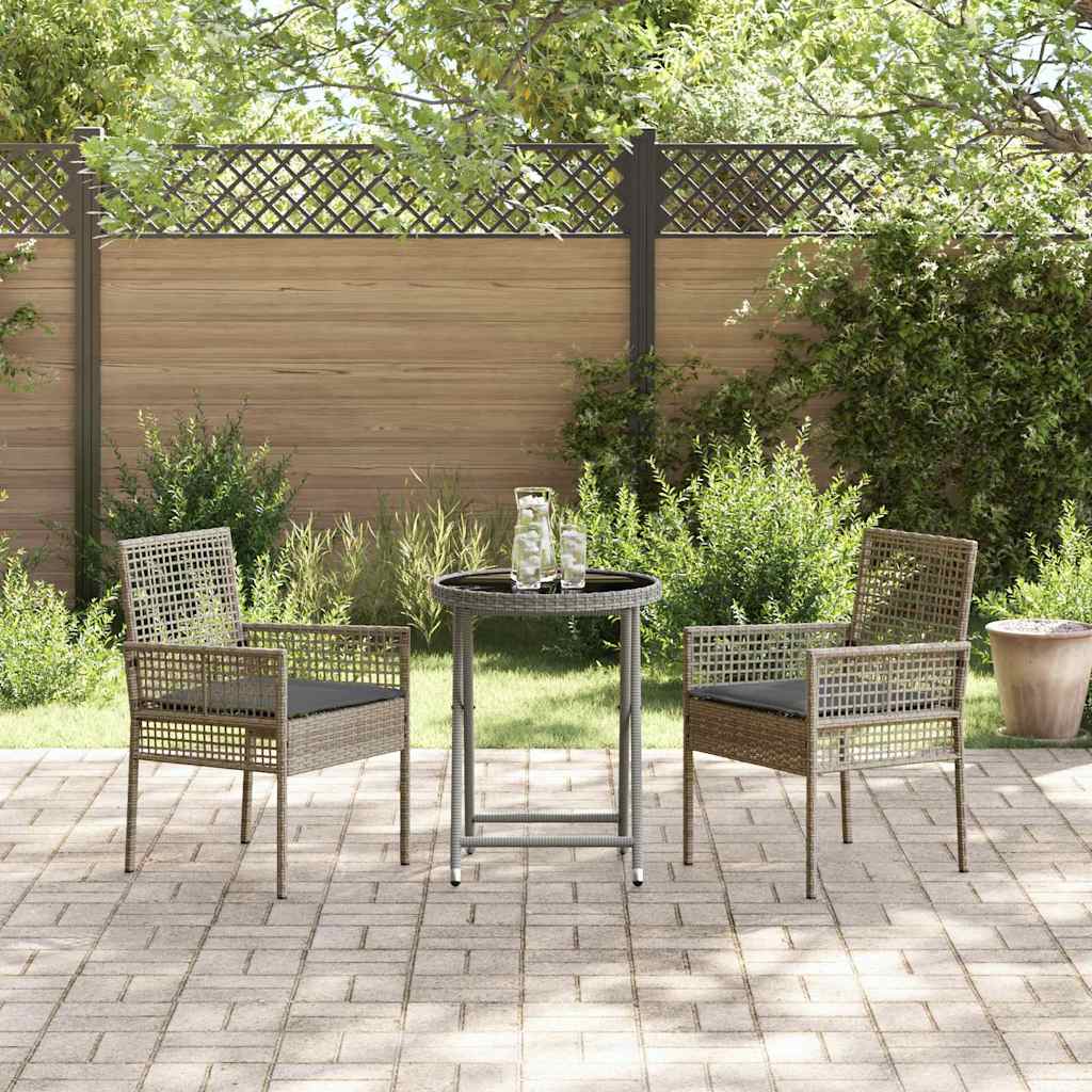 3-tlg. Garten-Bistroset mit Kissen Grau Poly Rattan