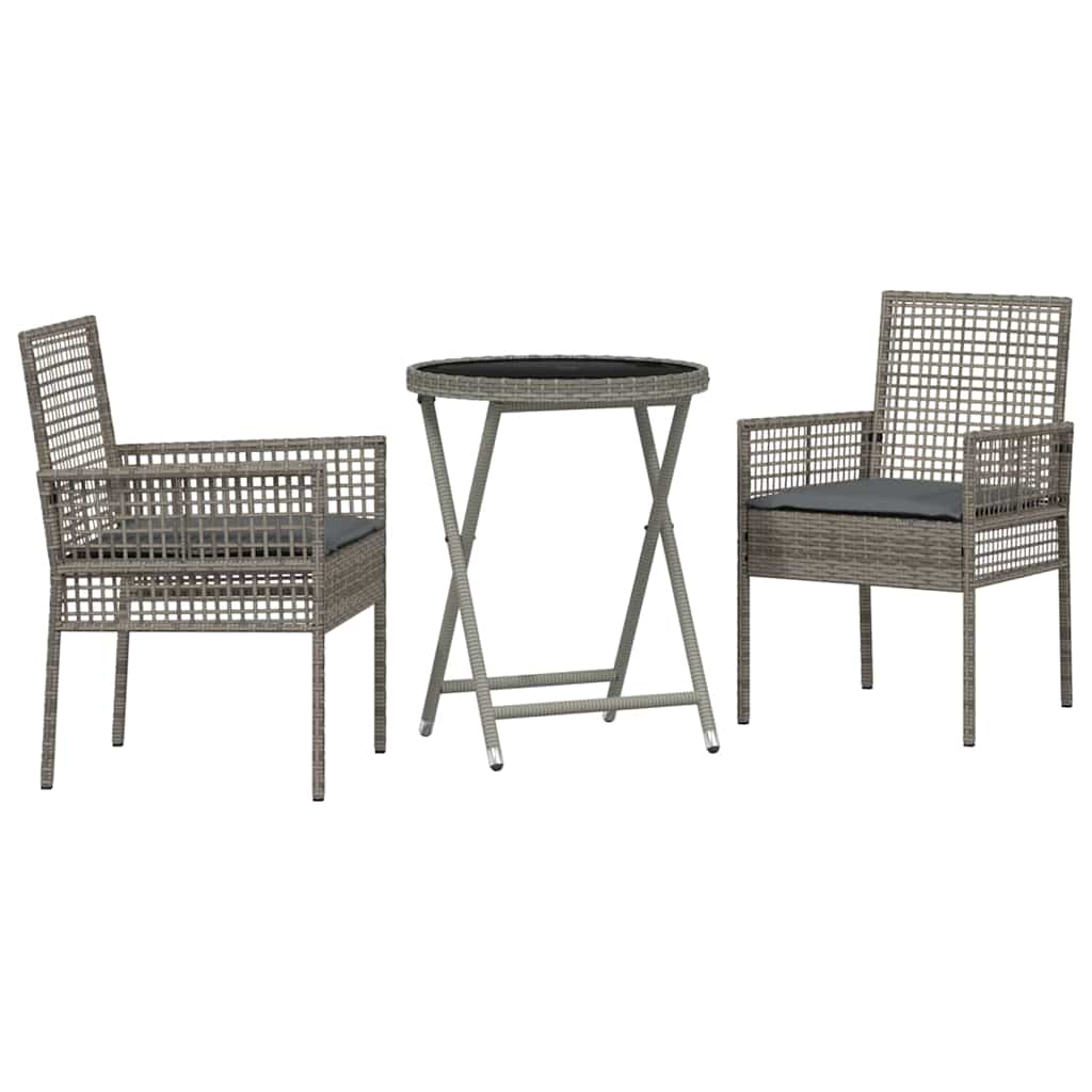 3-tlg. Garten-Bistroset mit Kissen Grau Poly Rattan