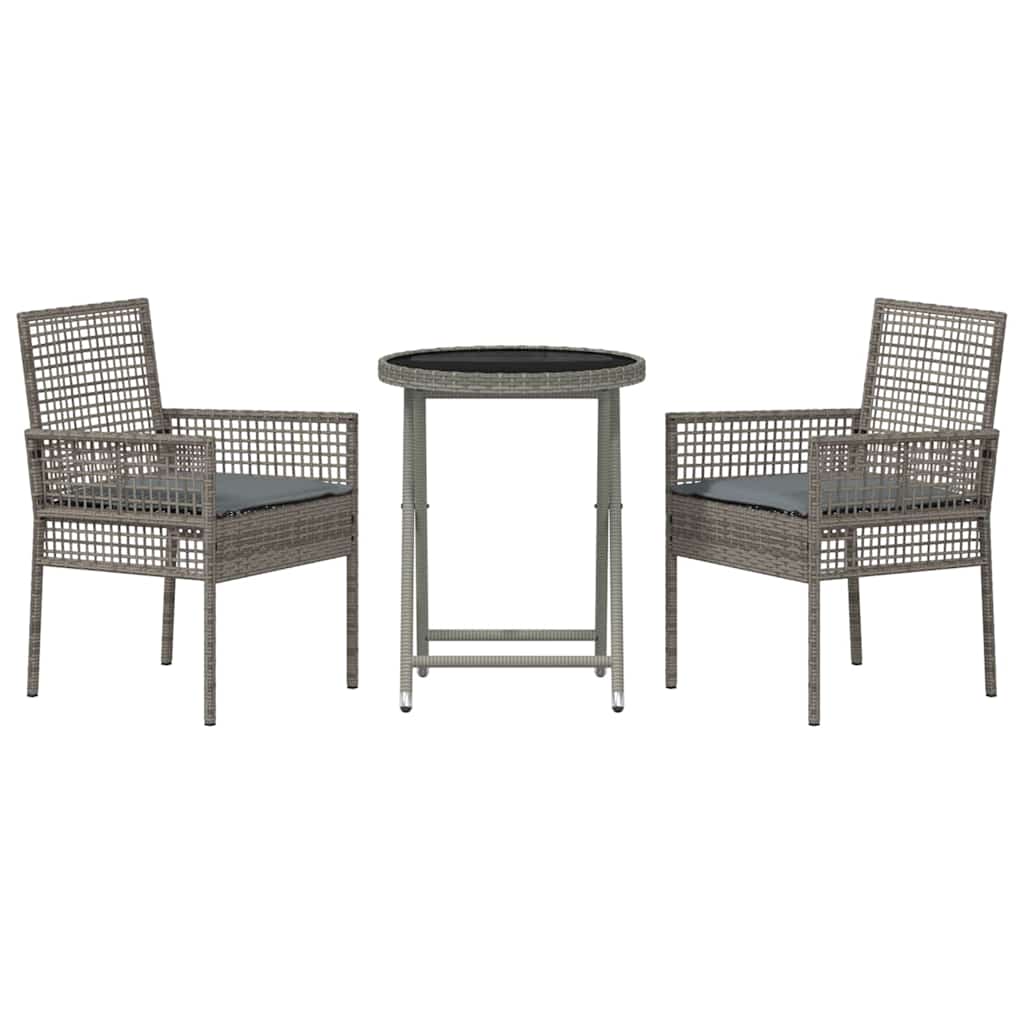 3-tlg. Garten-Bistroset mit Kissen Grau Poly Rattan