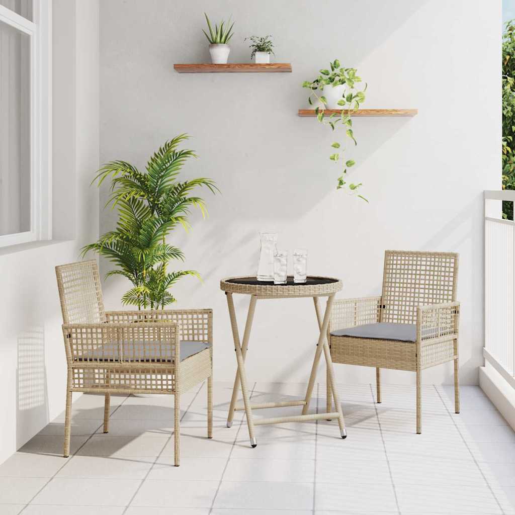 3-tlg. Garten-Bistroset mit Kissen Beige Poly Rattan