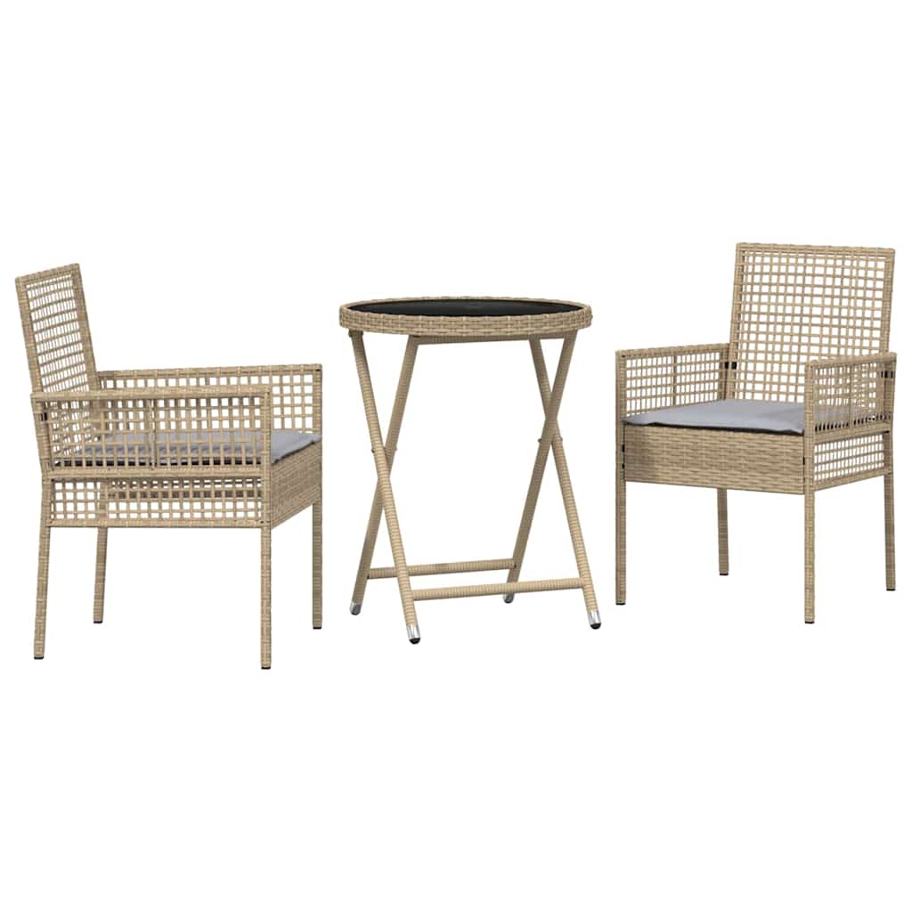 3-tlg. Garten-Bistroset mit Kissen Beige Poly Rattan