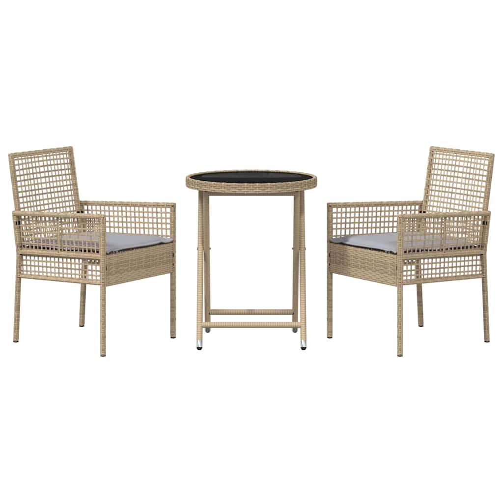 3-tlg. Garten-Bistroset mit Kissen Beige Poly Rattan