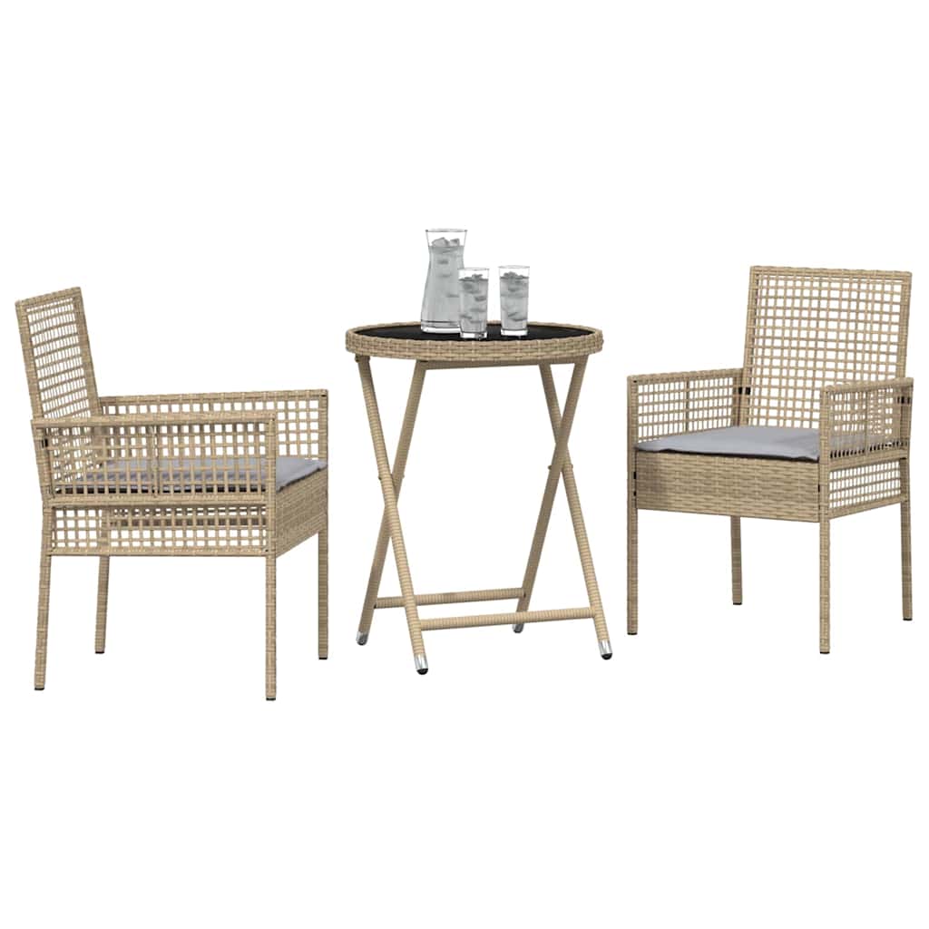 3-tlg. Garten-Bistroset mit Kissen Beige Poly Rattan