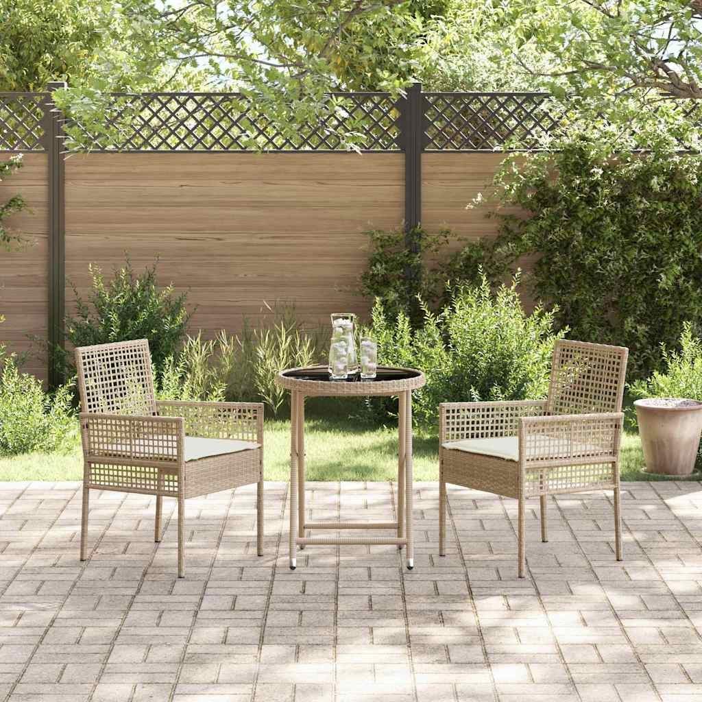 3-tlg. Garten-Bistroset mit Kissen Beige Poly Rattan