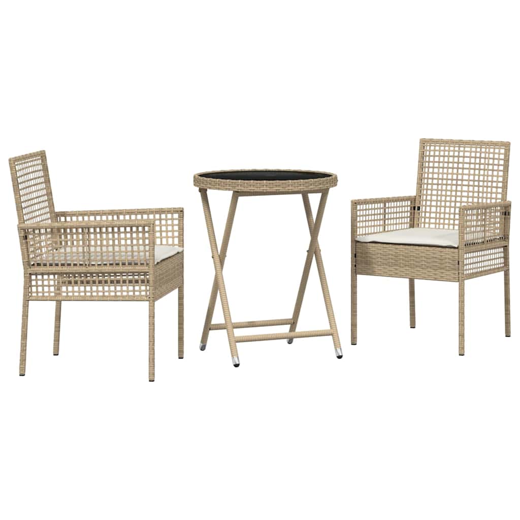 3-tlg. Garten-Bistroset mit Kissen Beige Poly Rattan
