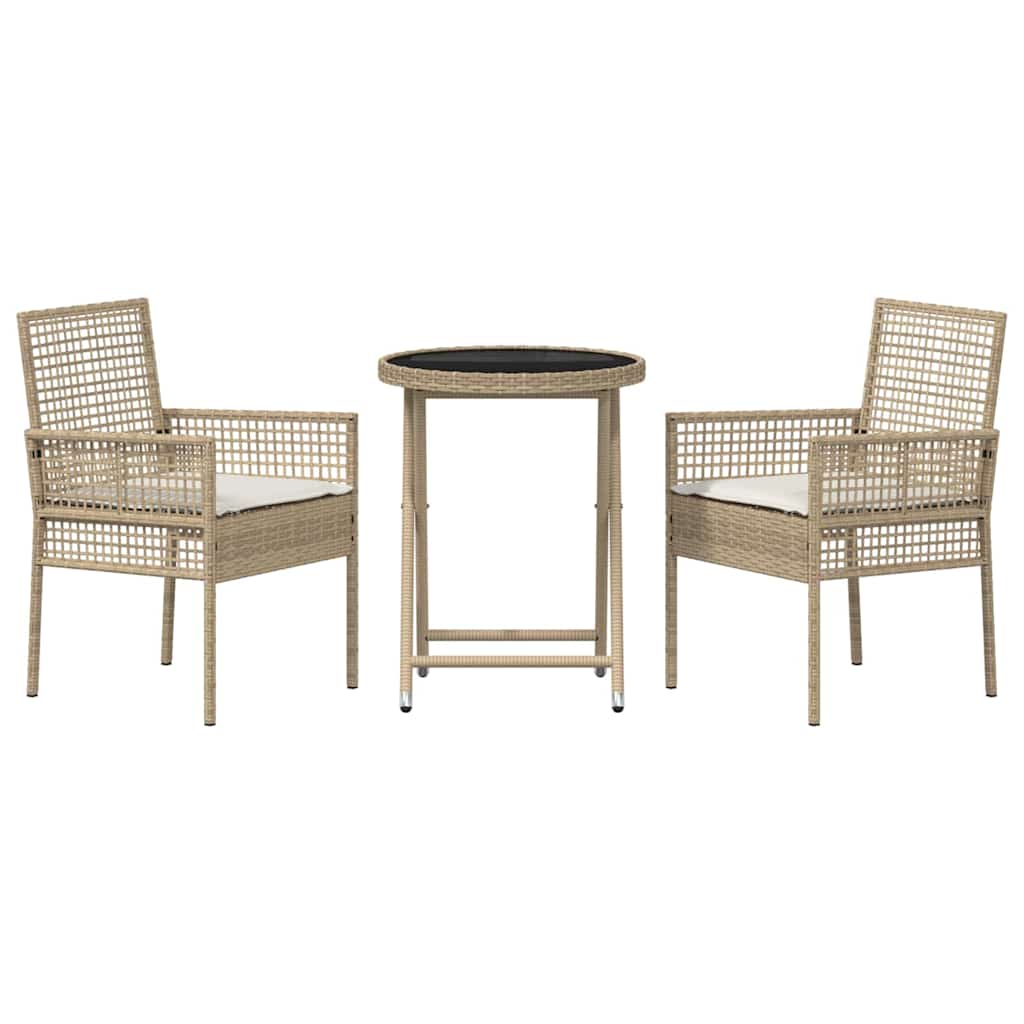 3-tlg. Garten-Bistroset mit Kissen Beige Poly Rattan