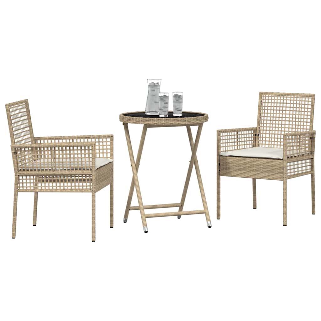3-tlg. Garten-Bistroset mit Kissen Beige Poly Rattan