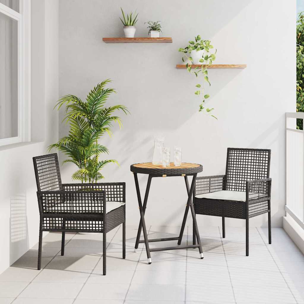 3-tlg. Garten-Bistro-Set mit Kissen Schwarz Poly Rattan