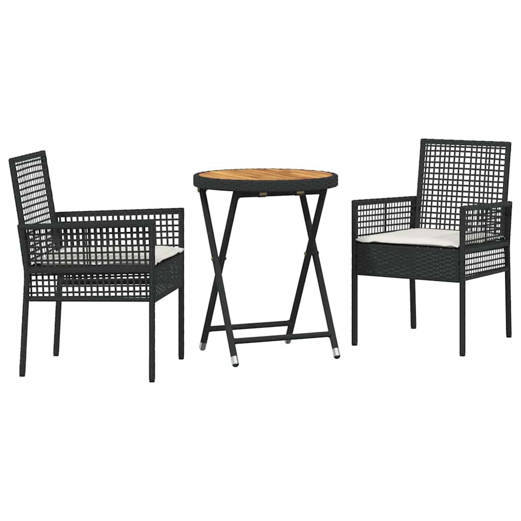 3-tlg. Garten-Bistro-Set mit Kissen Schwarz Poly Rattan