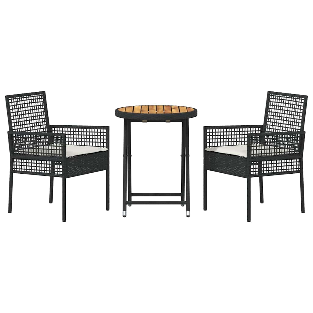 3-tlg. Garten-Bistro-Set mit Kissen Schwarz Poly Rattan