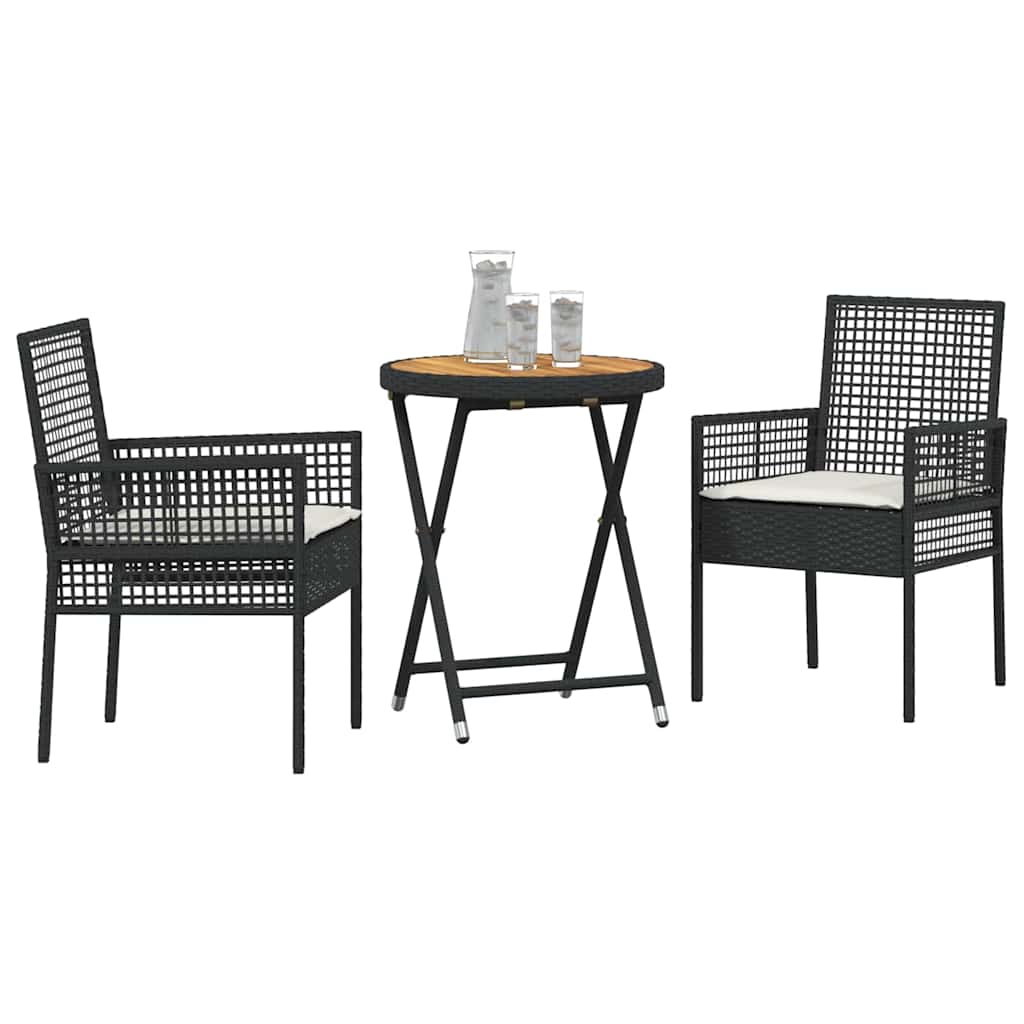 3-tlg. Garten-Bistro-Set mit Kissen Schwarz Poly Rattan