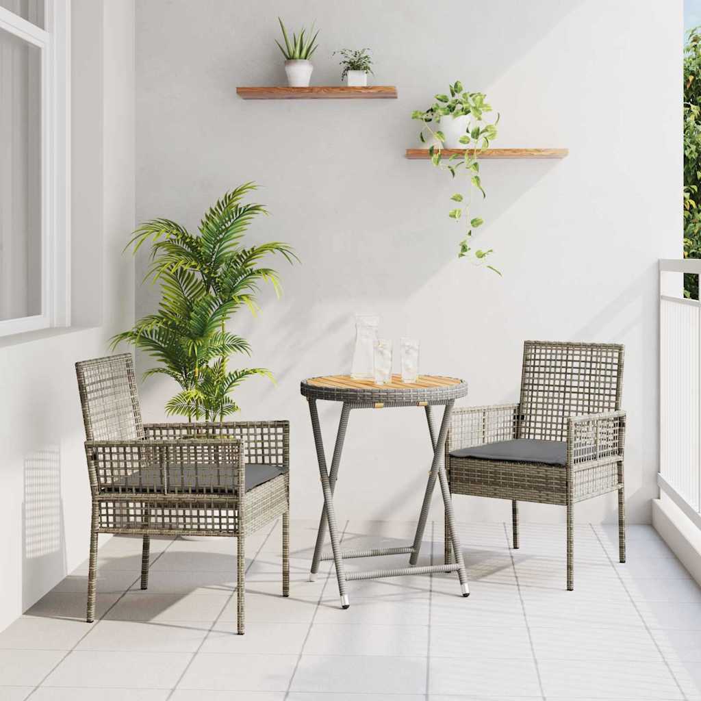 3-tlg. Garten-Bistro-Set mit Kissen Grau Poly Rattan