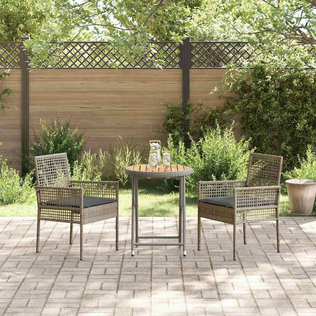 3-tlg. Garten-Bistro-Set mit Kissen Grau Poly Rattan