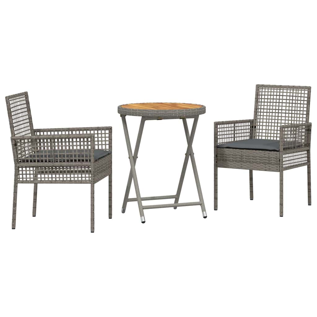 3-tlg. Garten-Bistro-Set mit Kissen Grau Poly Rattan