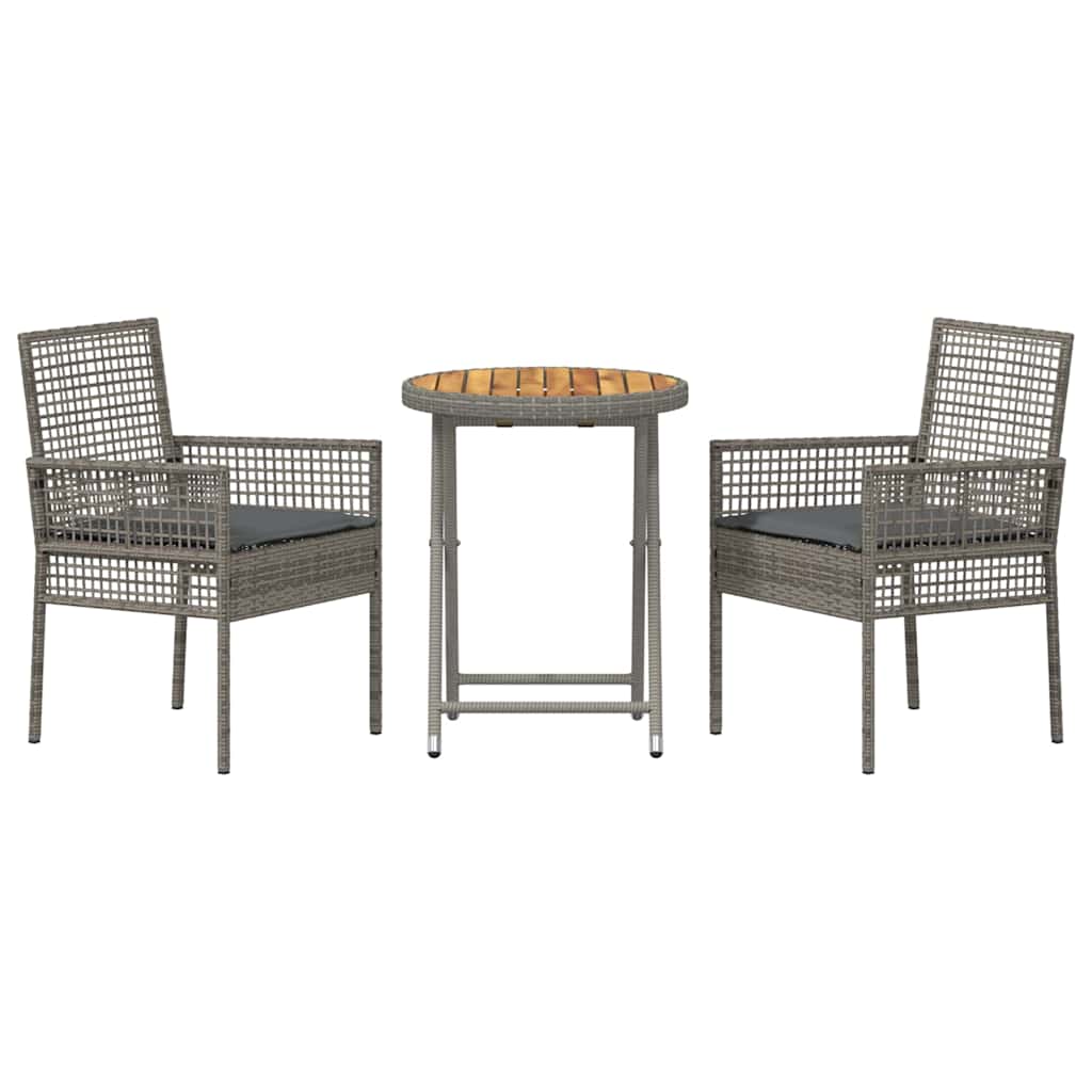 3-tlg. Garten-Bistro-Set mit Kissen Grau Poly Rattan