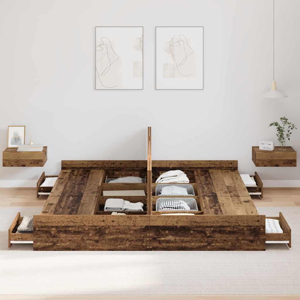 Bett mit Stauraum mit Schubladen mit Kopfteil mit Speicher Altholz 200 x 200 cm