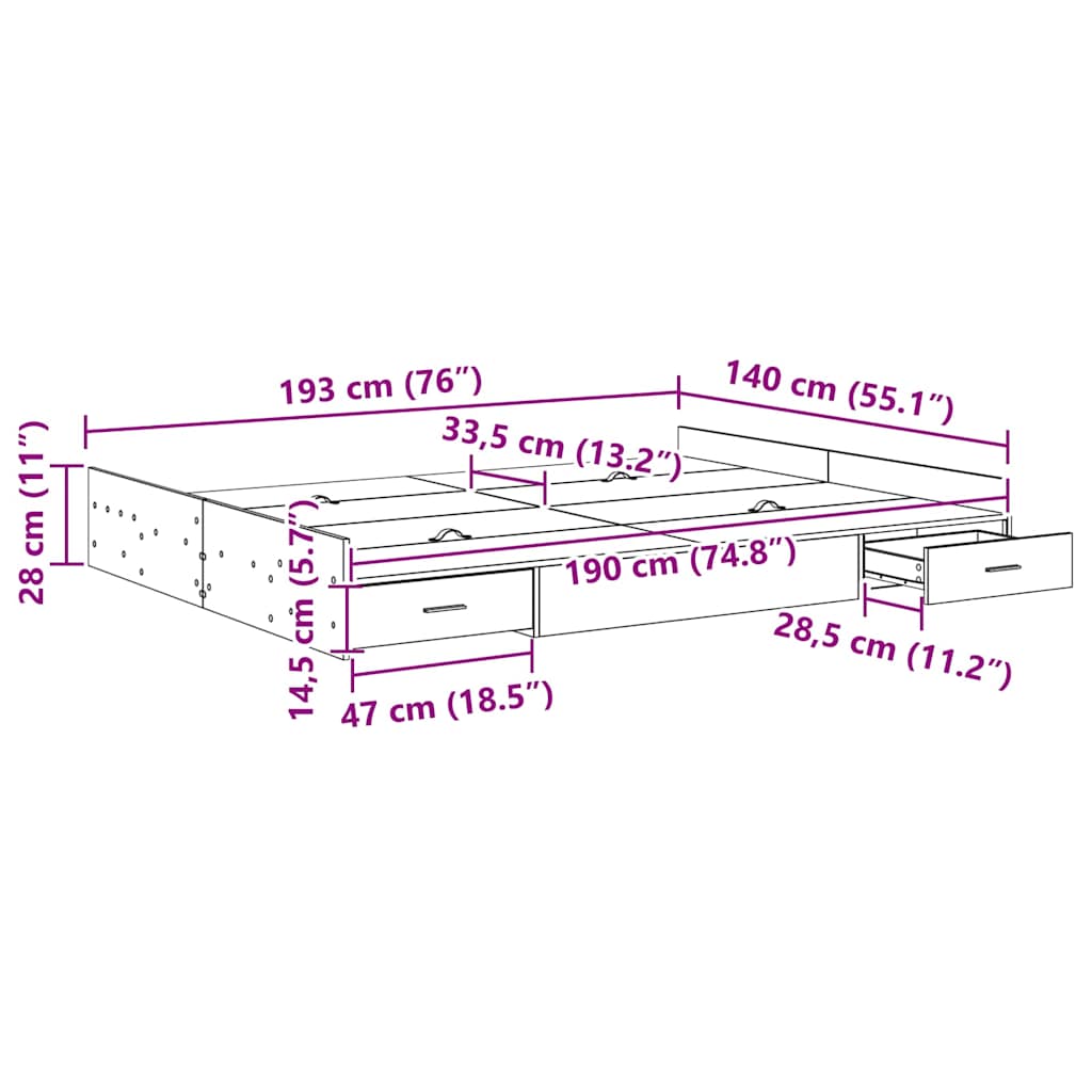 Bett mit Stauraum Grau Sonoma 140 x 190 cm Holzwerkstoff