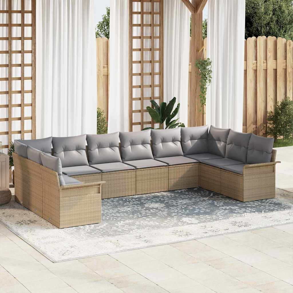 10-teiliges Garten Sofa Set mit Kissen Beige Poly Rattan