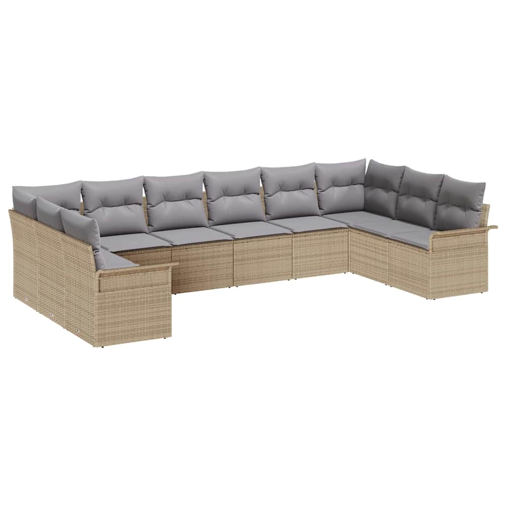 10-teiliges Garten Sofa Set mit Kissen Beige Poly Rattan