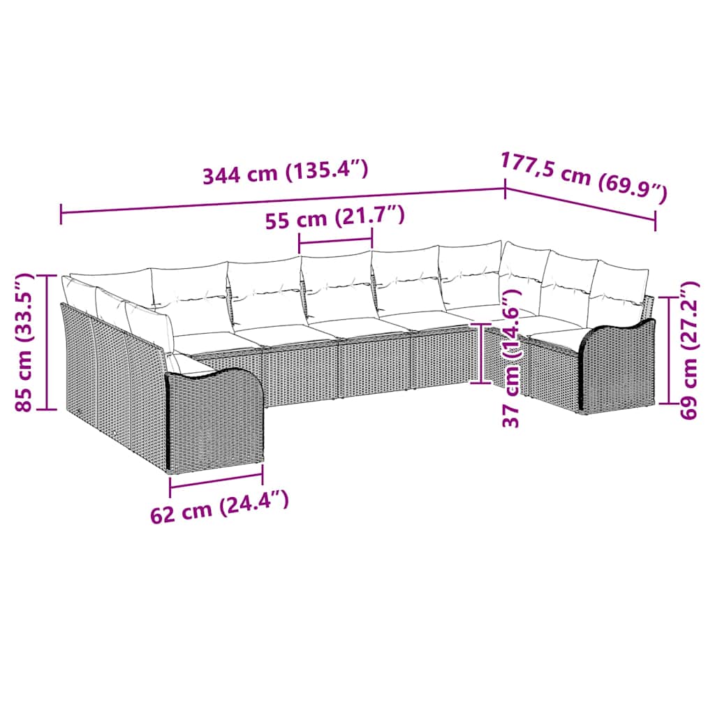 10-teilige Garten Sofa Set mit Kissen Schwarz Poly Rattan