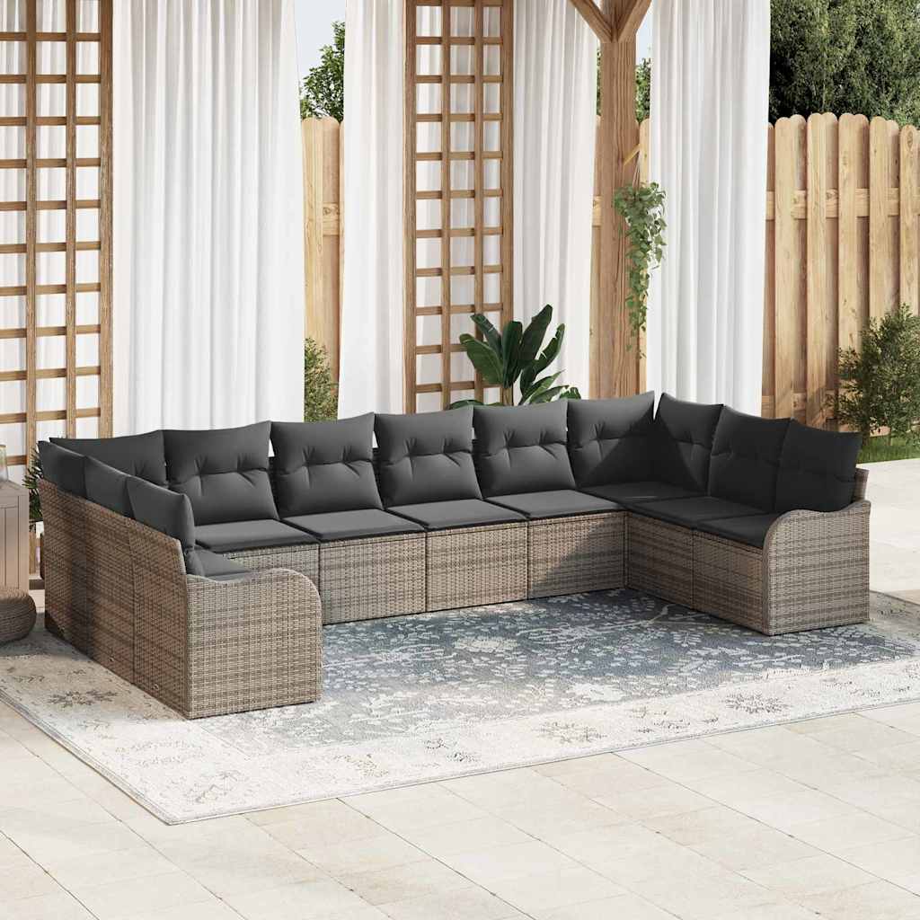 10-teiliges Garten Sofa Set mit Kissen Grau Poly Rattan