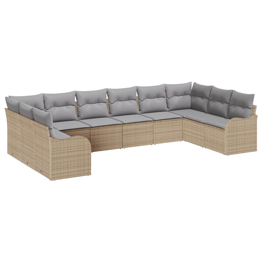 10-teiliges Garten Sofa Set mit Kissen Beige Poly Rattan