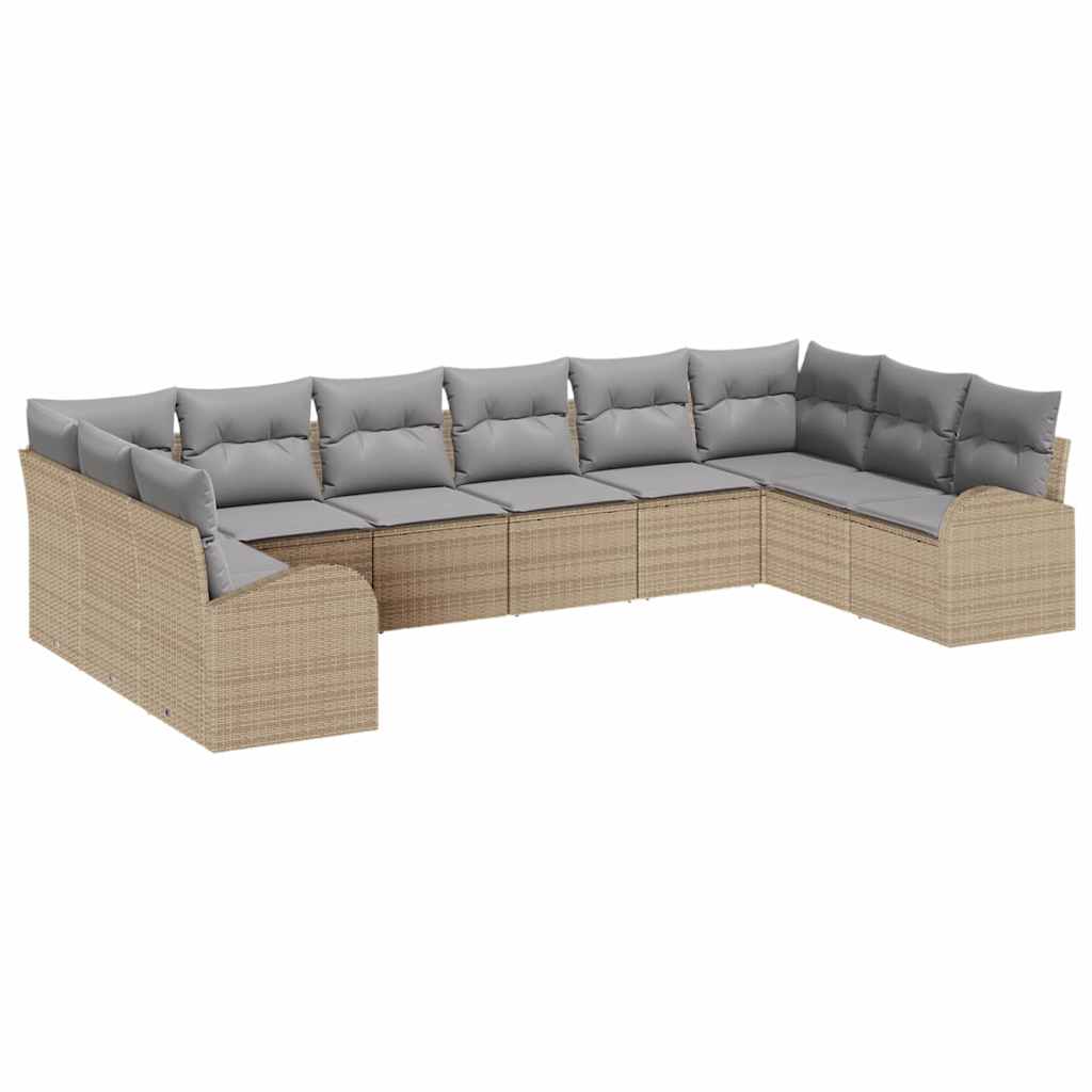10-teiliges Garten Sofa Set mit Kissen Beige Poly Rattan