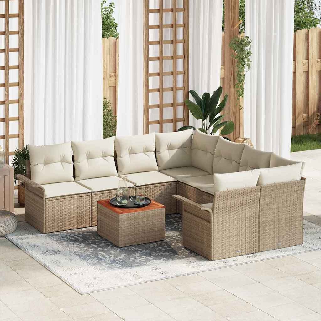 9-tlg. Garten-Sofagarnitur mit Kissen Beige Poly Rattan