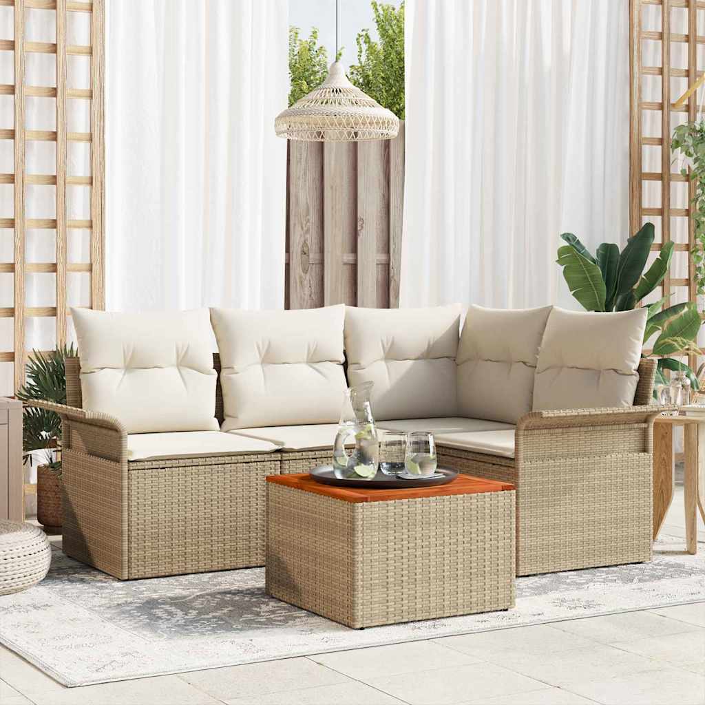 5-tlg. Garten-Sofagarnitur mit Kissen Beige Poly Rattan