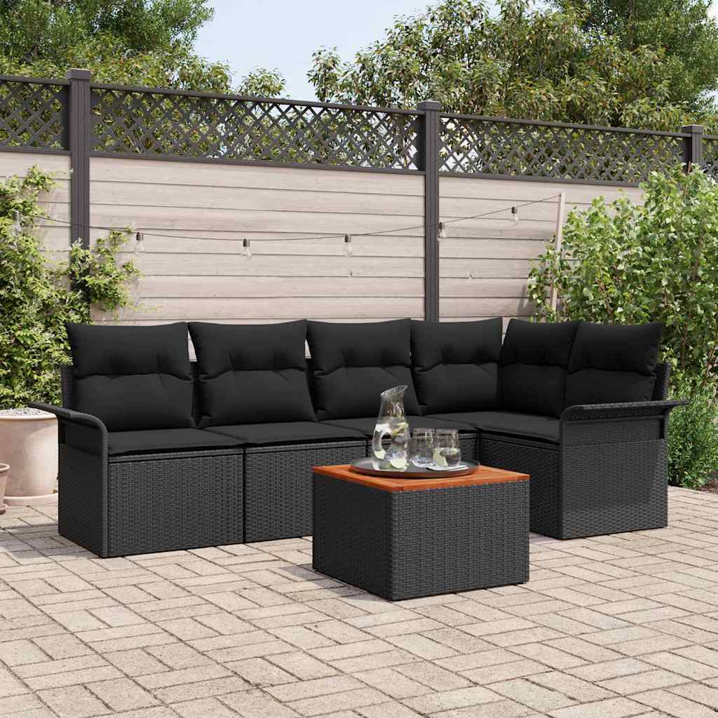 6-tlg. Garten-Sofagarnitur mit Kissen Schwarz Poly Rattan