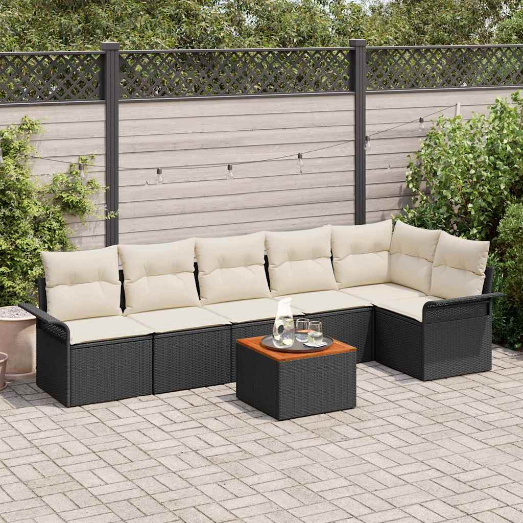 7-tlg. Garten-Sofagarnitur mit Kissen Schwarz Poly Rattan