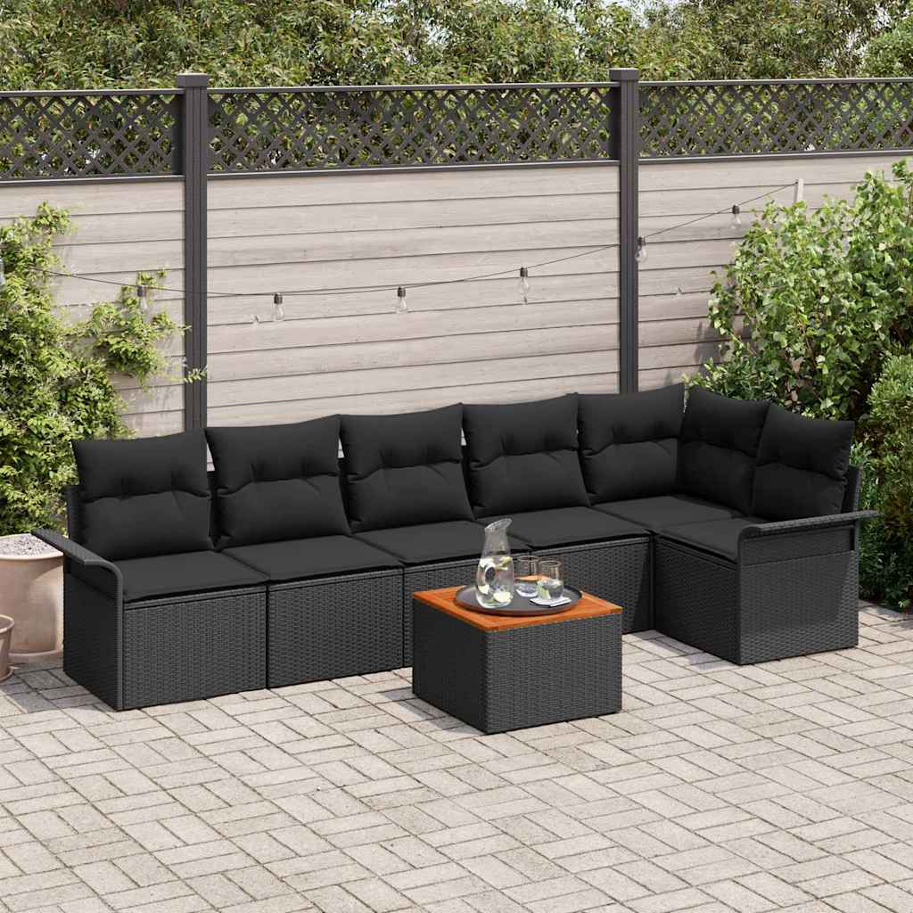7-tlg. Garten-Sofagarnitur mit Kissen Schwarz Poly Rattan