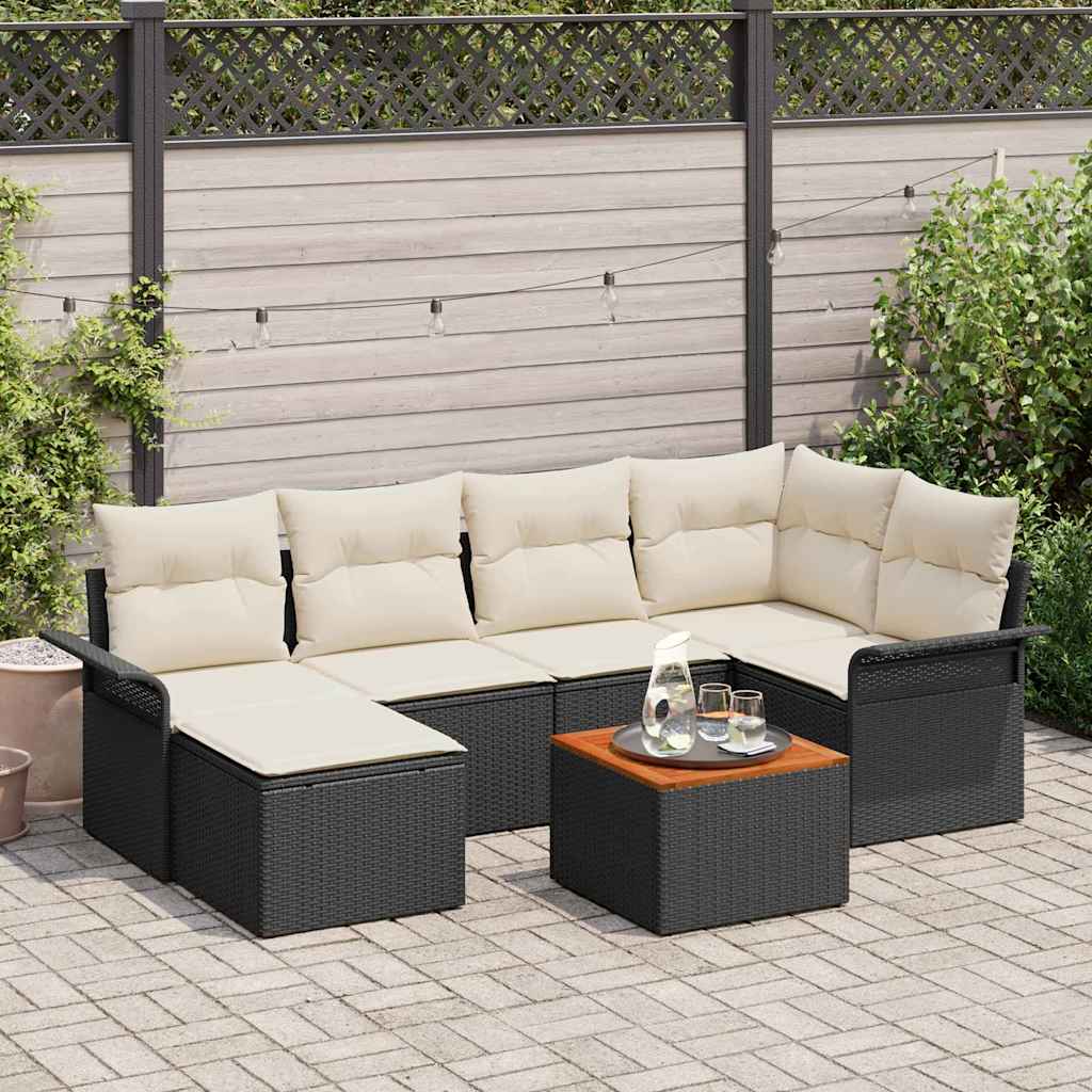 7-tlg. Garten-Sofagarnitur mit Kissen Schwarz Poly Rattan