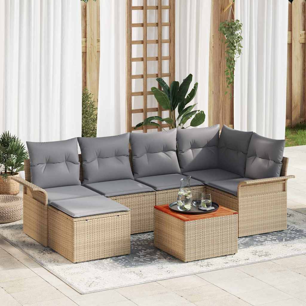7-tlg. Garten-Sofagarnitur mit Kissen Beige Poly Rattan